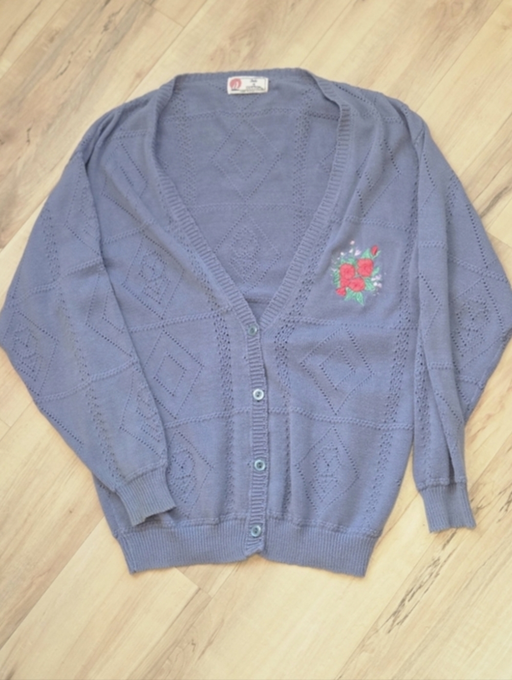 Vintage Dusty Blue Isle Of Cotton Knit Cardigan Ladies Large